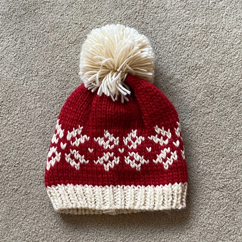 Red and Cream Pom Pom Knit Beanie